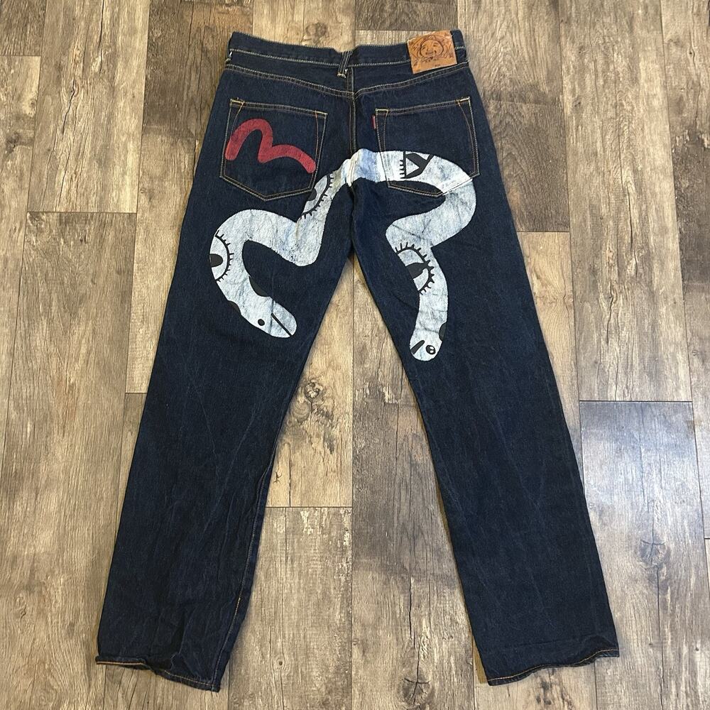 EVISU Selvedge Painted Snake Raw Indigo Denim Men’s 36 X 33 Jeans Japan VTG Rare